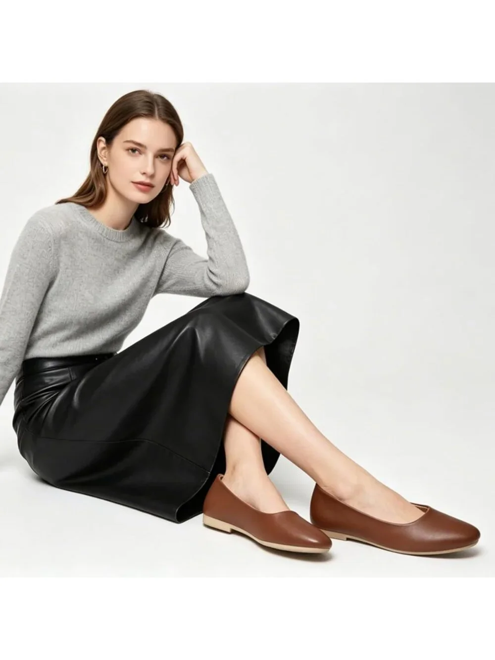 Women's Brown PU Leather Comfortable Ballet Flats Slip on Round Toe Casual Shoes